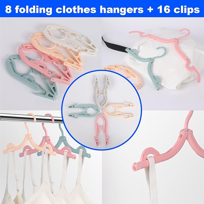 8 Pack Foldable Travel Hangers with 16 Clips & Folding Hanger - Space Saving Portable Collapsible Hooks for Cruise, RV, Hotel (Assorted Colors)