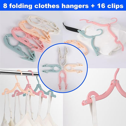 8 Pack Foldable Travel Hangers with 16 Clips & Folding Hanger - Space Saving Portable Collapsible Hooks for Cruise, RV, Hotel (Assorted Colors)