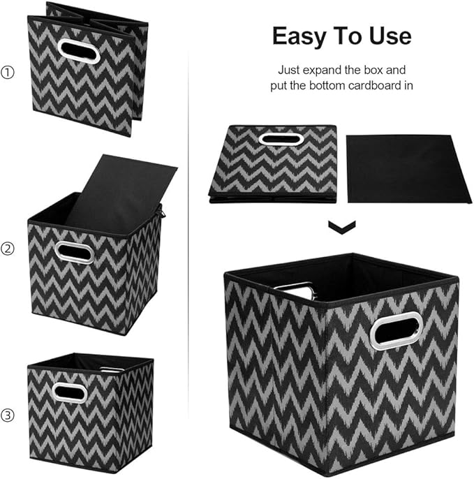 Collapsible Cube Storage Bins Chevron Cloth Storage Inserts Cubes Folding Fabric Storage Boxes 10.5x10.5 X 11 In Black Storage Baskets Drawer for Cube Organizer Storage QY-SC10-6