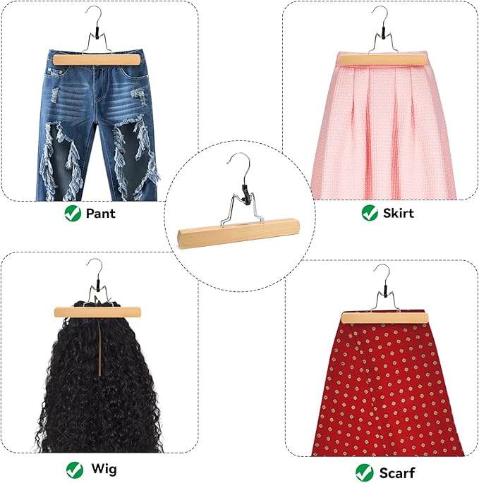 Nature Smile Wooden Pants Skirt Hangers, Smooth Finish Solid Wood Non Slip Jeans Slack Clamp Hangers Hair Extension Hangers(20Pcs Natural)…