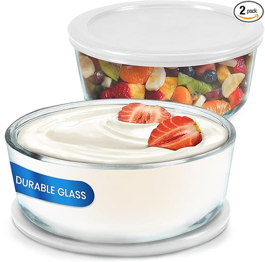 Ultimate Yogurt Containers 2 Pack, Make More Yogurt with 1-Quart Glass Containers (4 Cup), 100% BPA Free, Durable & Oven Safe Round Bowl Set with Lids, Perfect for Food Storage & Meal Prep
