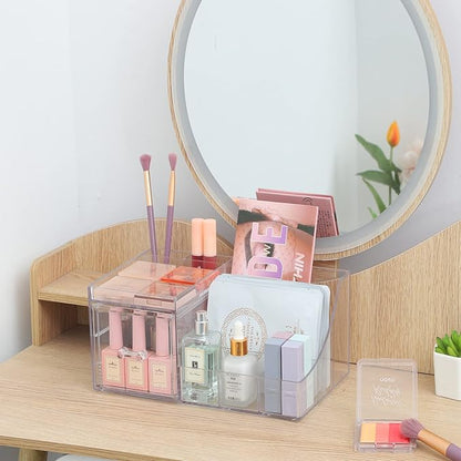 Cq acrylic1 Pack Clear Makeup Organizer Countertop,Stackable 1 Drawers Skincare Organizer,Cute Skin Care Organizer for Vanity Hair Clip,Jewelry,Beauty Product Desk and Make Up Organizers for Vanity