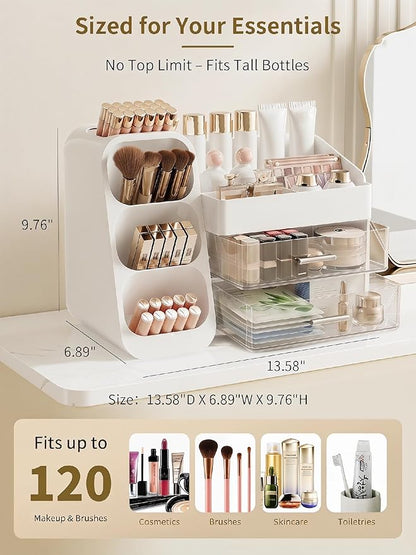 Booklov Makeup Organizer for Vanity, Large Capacity Cosmetic Display Case with Clear Acrylic Drawer, Countertop Beauty Storage Holder for Skincare, Brush Eyeshadow Lipstick Counter Desk, Crystal White
