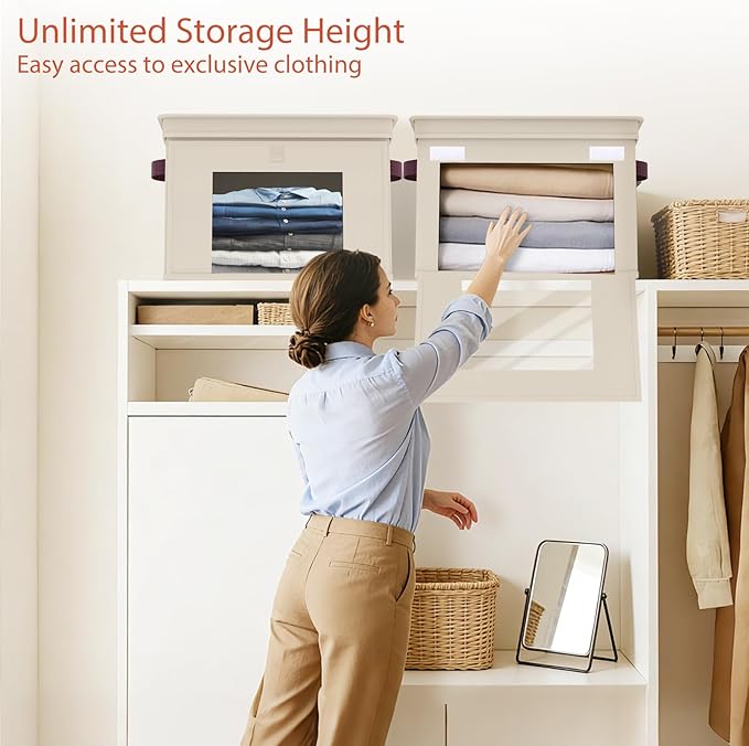 Univivi Storage Bins with Lids, Large Closet Organizers and Storage with Handles & Window, Foldable Fabric Storage Cubes with Lids for Home, Closet, Bedroom, 4 Pack, (Beige, 16.5“ x 12” x 12")