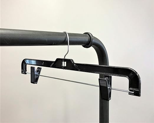 NAHANCO 8600PCLH Black Shiny Plastic Hanger, Skirt Slack, Chrome Long Hook, Black Plastic Clips, 14” (Pack of 100)