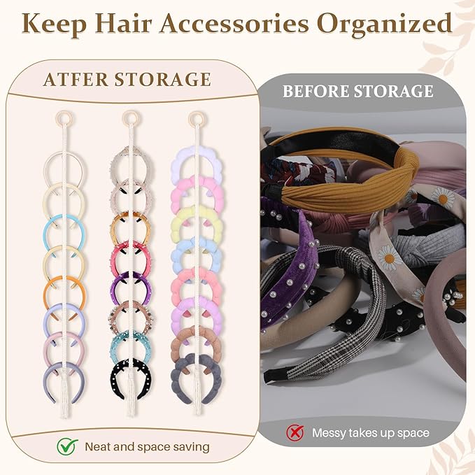 3 PCS Headband Holder Organizer for Girl,Hanging Hairband Storage for Women,Brown Hair Hoop Display Hair Accessories Organizer Bedroom College Dorm Decor (Boho1-3pcs)