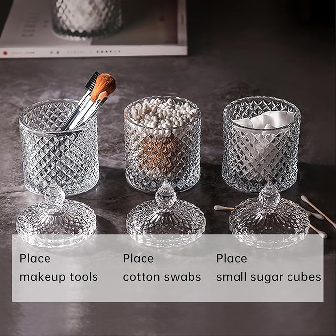 Qtip holder for bathroom,Cotton swab holder,Floss-Small Clear Glass Canister Apothecary Jar,Qtips dispenser,pad container Round Pads tips swabs ball,Qttip Jar,Qt tip holde,candy