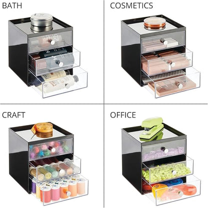 mDesign Makeup Organizer Storage Station Cube with 3 Drawers for Bathroom Vanity, Cabinet, Countertops - Holds Lip Gloss, Eyeshadow Palettes, Brushes, Blush, Mascara - Black/Clear