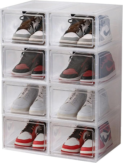 XXL Drop Front Shoe Storage Box Stackable, 8 Pack Shoe Display Case Fit US 15,Sneaker Storage Shoe Containers with Magnetic Door（8 PACK CLEAR
