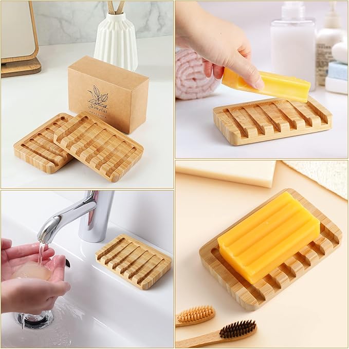 Shampoo Bar Holder Bamboo Soap Dish for Shower Wood Soap Dishes Wooden Soap Saver Tray Stand Self Draining Travel Soap Container Case for Bathroom Kitchen Bath Tub Razor Sponges, Waterfall Drain 2 PCS