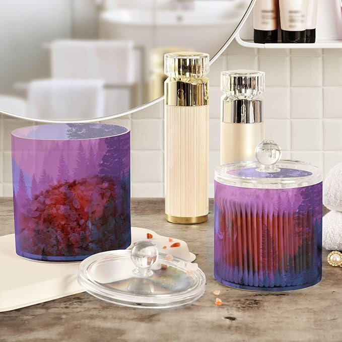 2 Pack Qtip Dispenser Apothecary Jars with Lids Cotton Round Holder Bathroom Canisters for Cotton Swab Floss Ball Pads Clear Plastic Decorative Purple Stag Mountains and Forest