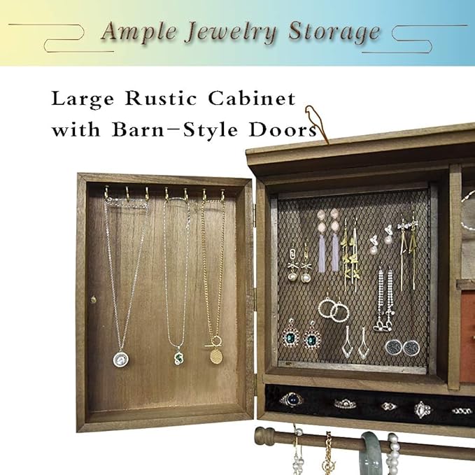 GLANT Rustic Wall Mounted Jewelry Organizer with Wooden Barndoor Decor,Wooden Wall Mount Holder,Jewelry holder for Necklaces, Earings, Bracelets, Ring Holder. Includes matching hook organizer