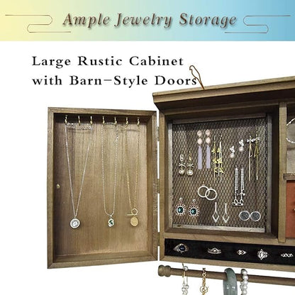 GLANT Rustic Wall Mounted Jewelry Organizer with Wooden Barndoor Decor,Wooden Wall Mount Holder,Jewelry holder for Necklaces, Earings, Bracelets, Ring Holder. Includes matching hook organizer