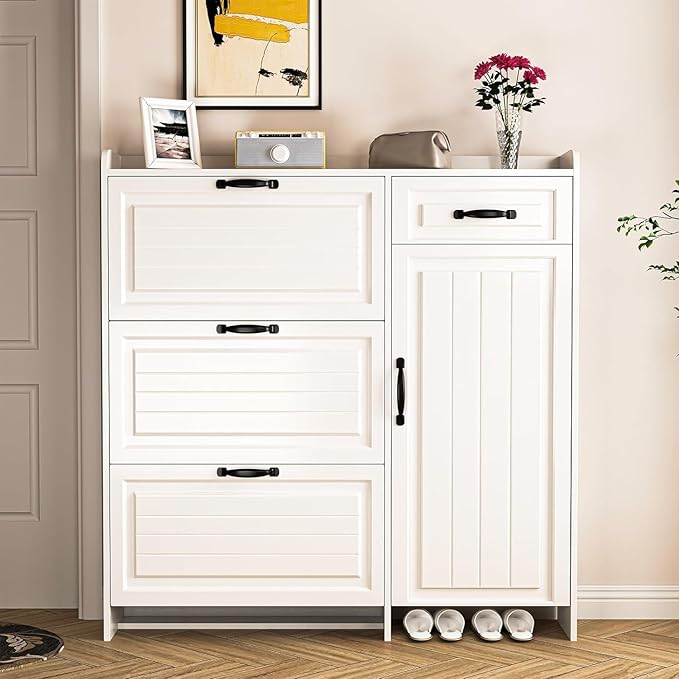 Shoe Cabinet for Entryway,Large Shoe Storage Cabinet with 3 Flip Drawers and Side Cabinet,Narrow Shoe Rack Organizer Cabinet for Closet,Hallway