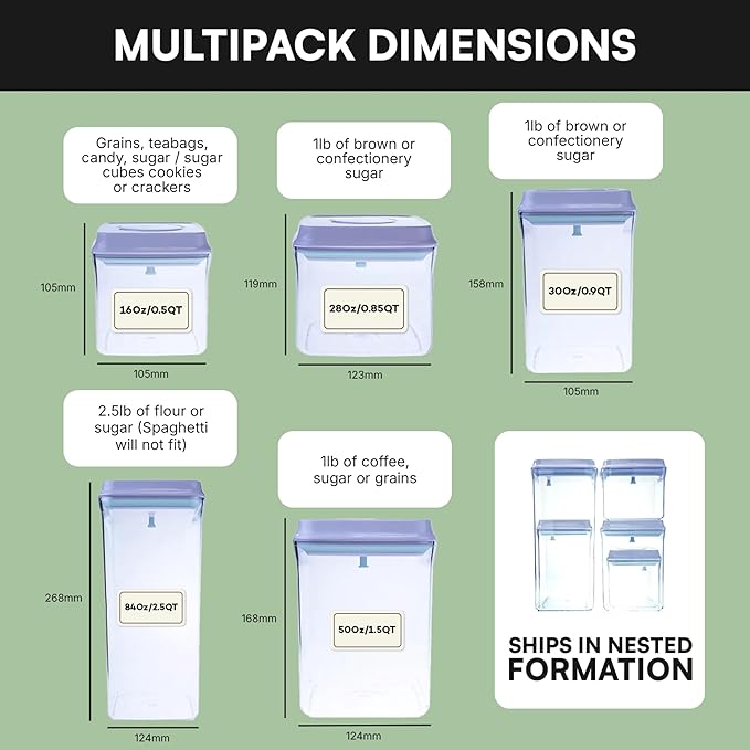 Bop Top Airtight Food Storage Containers with Lid Multi Pack | Kitchen Canister Sets | Air Tight Pantry Container | Pop Top Dry Food Storage Containers for Snacks, Sugar, Flour, Baking, Cereal, Pasta