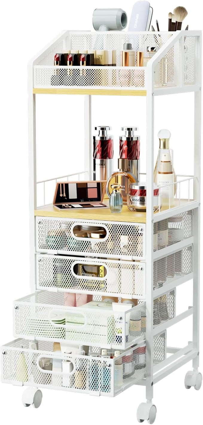 HapiRm Makeup Organizer Storage Cart - Floor Skincare Make Up Storage with 4 Drawers, Rolling Makeup Cart Vanity Organizer Cosmetics Display Cases Holder for Skin Care Perfume Nail Polish