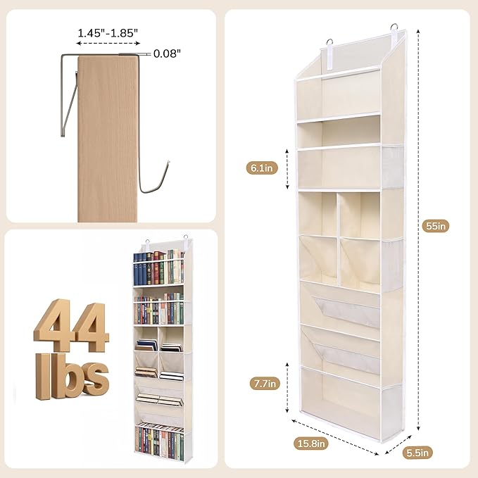 6-in-1 Over Door Hanging Organizer, Versatile Storage Over Door Organizer with 12 Mesh Pockets, 44 lbs Weight Capacity Hanging Storage Organizer for Bedroom, Bathroom,Behind Door,Beige