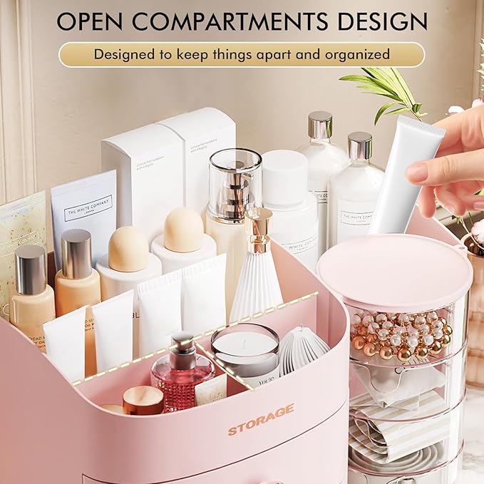 Makeup Organizer Countertop with Drawers, Make up Organizers for Vanity, Skincare Jewelry Earring Organizers, Cosmetic Display Cases Makeup Storage for Bedroom & Bathroom, Ideal Gifts for Women(Pink)