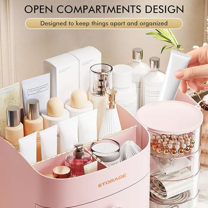 Makeup Organizer Countertop with Drawers, Make up Organizers for Vanity, Skincare Jewelry Earring Organizers, Cosmetic Display Cases Makeup Storage for Bedroom & Bathroom, Ideal Gifts for Women(Pink)