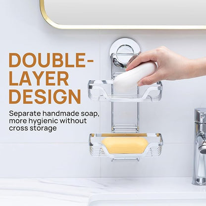 LEVERLOC 2 Tier Soap Holder, Soap Bar Dish for Shower Wall Mounted, Stainless Steel Suction Cup Sponge Holder for Bathroom Bathtub Kitchen Sink, Waterproof, Removable, Keep Dry, Silver