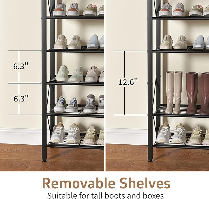 10-Tier Shoe Rack Holds 40 Pairs, Space Saving Shoe Organizer for Entryway Closet Apartment, Industrial Metal Shoe Shelf with Wooden Top, Rustic Brown