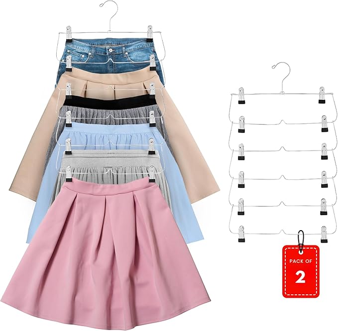 2 Pack - 6 Tier Skirt Hangers, Closet Space Saver with Clips for Pants, Shorts, Skirts, Leggings