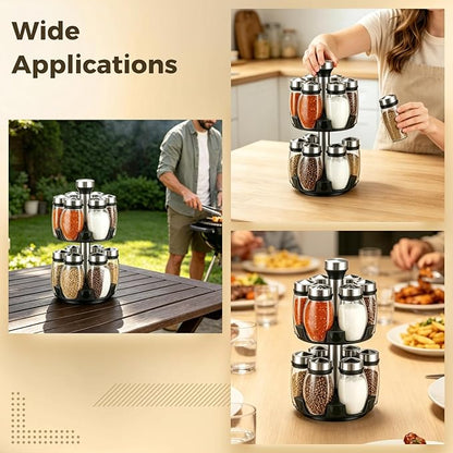 2 Layer Rotating Spice Rack Organizer with 12 Glass Jars, 360° Turntable Seasoning Set, Spinning Kitchen Counter Spice Holder, Airtight Containers with Labels for Kitchen Seasoning Storage