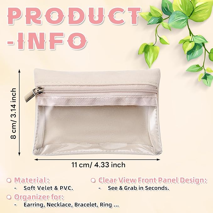 Jewelry Organizer Storage Pouches, Travel Jewelry Organizer Velvet Jewelry Pouch with Zipper Clear Travel Jewelry Bag for Travel Business Trip Mother‘s Day Gift for Mom Wife Women (Beige-12Pcs)