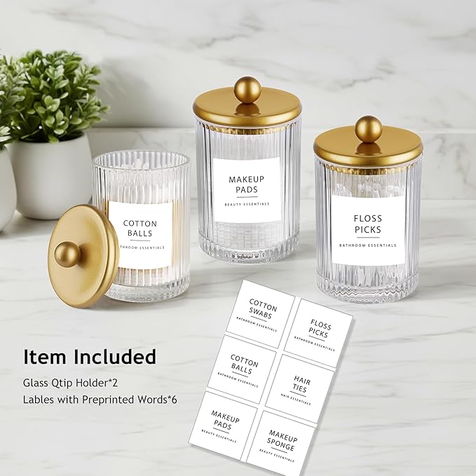 SheeChung 2-Pack Gold Ribbed Glass Qtip Holder - Apothecary Jars Bathroom Organizer with Metal Lids - Countertop Vanity Canister Set for Cotton Swabs, Rounds, Floss Picks-Modern Luxury Decor