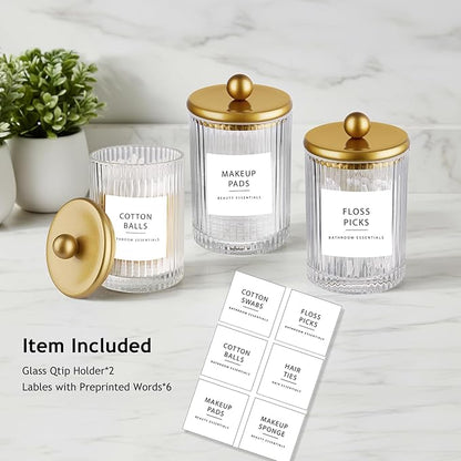 SheeChung 2-Pack Gold Ribbed Glass Qtip Holder - Apothecary Jars Bathroom Organizer with Metal Lids - Countertop Vanity Canister Set for Cotton Swabs, Rounds, Floss Picks-Modern Luxury Decor