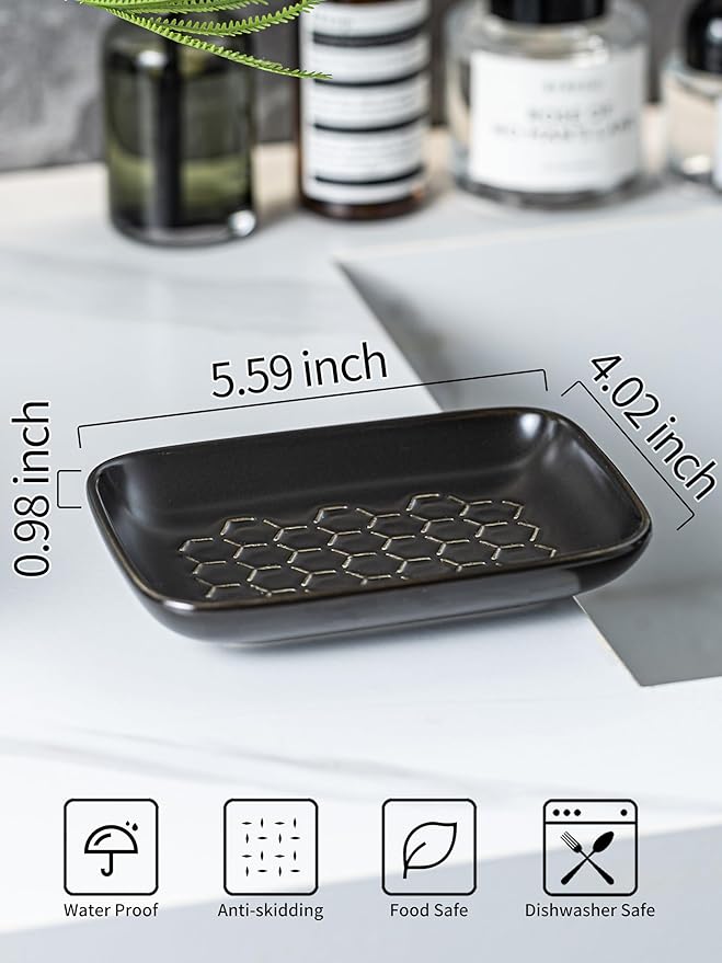 Gomakren Soap Dish for Shower, Ceramic Bar Soap Holder with Honeycomb Design - Soap Saver Tray for Bathroom Kitchen Sink, Sponge & Organizer Tray, Upscale Look, 5.5 Inch, Black