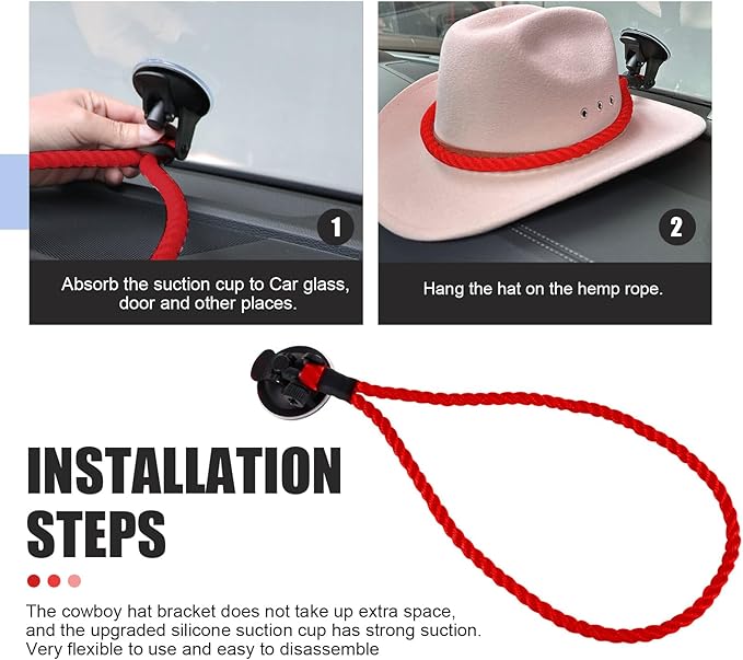 Cowboy Hat Holder for Truck & Car, Cowboy Hat Holder Rack with Suction Cup and Handmade Rope,for Car, SUV, Truck, Home, Universal Truck Accessories (Red)