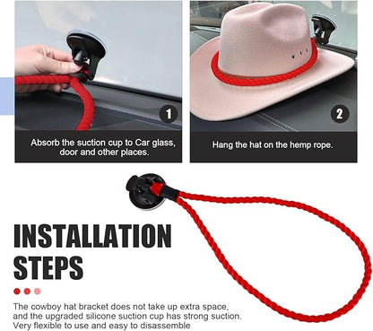 Cowboy Hat Holder for Truck & Car, Cowboy Hat Holder Rack with Suction Cup and Handmade Rope,for Car, SUV, Truck, Home, Universal Truck Accessories (Red)