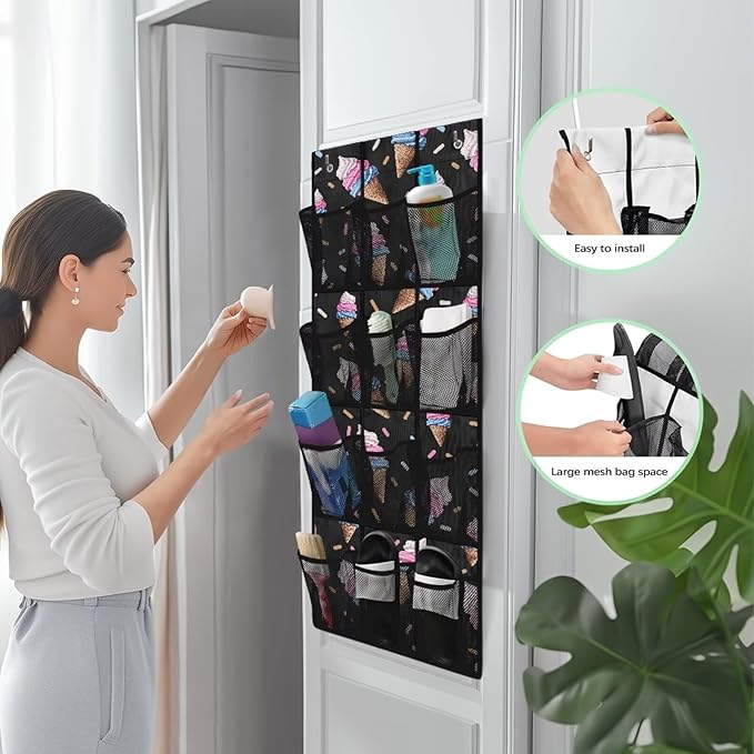 Ice Cream Over the Door Organizer 12 Clear Deep Pockets Hanging Shoe Rack for Closet Door Hanging Organizer No Dril Large Storage Bag for Small Spaces Bathroom Kitchen