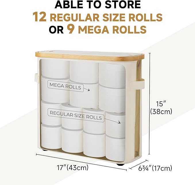 StorageWorks Toilet Paper Storage Baskets with Dual Flip Lids, Toilet Paper Organizer for Bathroom, Toilet Paper Container with Side Pocket, Holds 9 Mega or 12 Regular Rolls, Medium, Beige