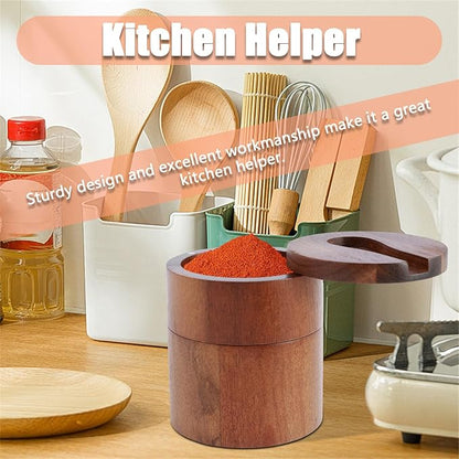 Acacia Wood Salt and Pepper Bowl, Double Layer Salt Cellar Box, Pepper Storage Box, Magnetic Rotatable Seasoning Container with Built in Spoon for Seasonings Spices
