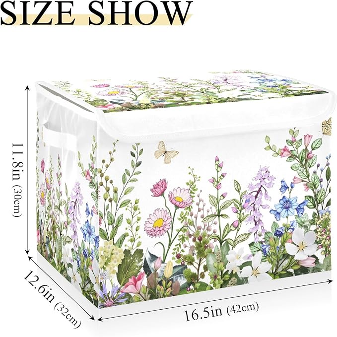 senya Spring Storage Baskets Collapsible Storage Bins with Lids, Spring Wild Flowers Butterfly Storage Boxes Clothes Baskets for Organizing