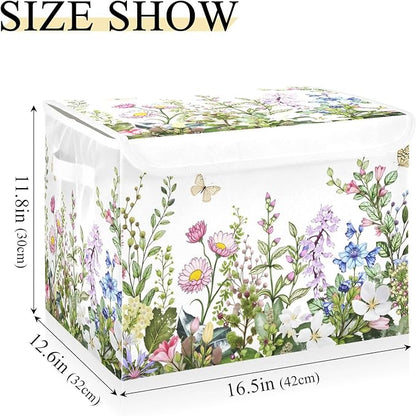 senya Spring Storage Baskets Collapsible Storage Bins with Lids, Spring Wild Flowers Butterfly Storage Boxes Clothes Baskets for Organizing