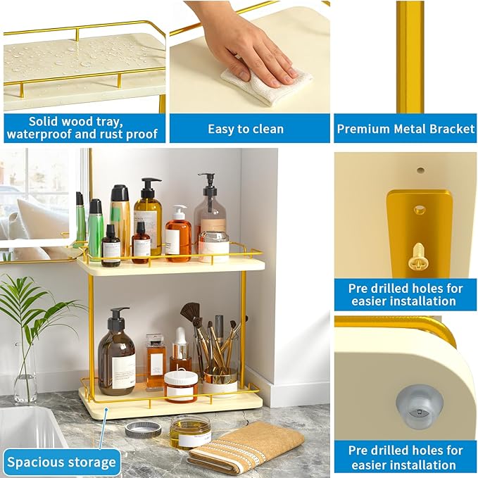 REFGY 2 Tier Bathroom Countertop Organizer, Solid Wood Desktop Storage Shelf with Gold Metal Frame, Versatile Spice Rack & Makeup Organizer for Kitchen, Dresser, Home Essentials