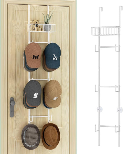 HapiRm Over Door Hat Rack - Wall Mounted Hat Holder with 6 Hooks and Metal Basket Design, Baseball Cap Organizer Storage Up to 32 Caps for Door, Bedroom, Closet (White)