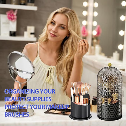 Makeup Brush Holder with Lid, 360 Rotating Multifunction Clear Dustproof Skincare Cosmetic Tools Storage Organizer for Vanity Desktop Bathroom Countertop (White)