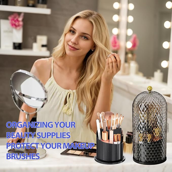 Makeup Brush Holder with Lid, 360 Rotating Multifunction Clear Dustproof Skincare Cosmetic Tools Storage Organizer for Vanity Desktop Bathroom Countertop (Black)