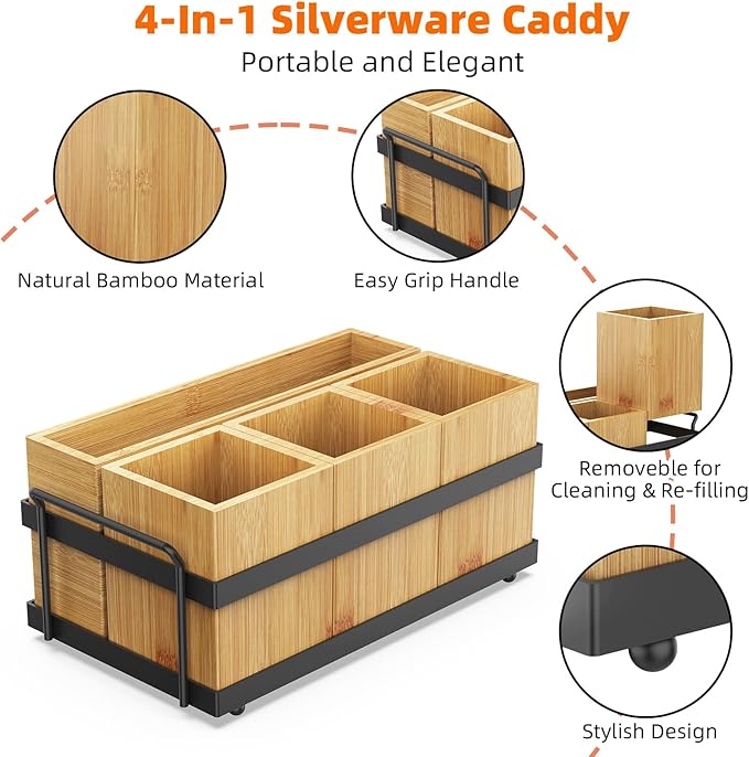 Silverware Caddy for Party, Wood Utensil Caddy with 4 Removable Compartments for Kitchen Countertop Organizing Paper Plate, Fork, Spoon, Napkin