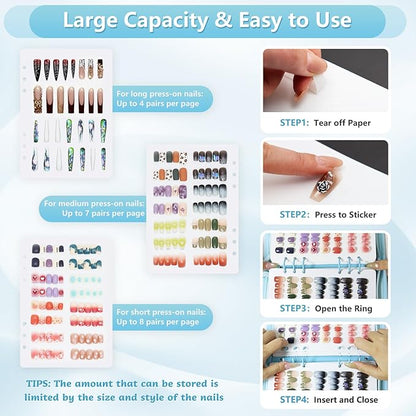 KEIFIN Press On Nail Storage Organizer Binder with 8 Insert Pages - A5 Size Reusable Fake Nail Swatch Collecting Book Polish Color Display Holder Container with Tape and Zipper Pocket (BLUE)