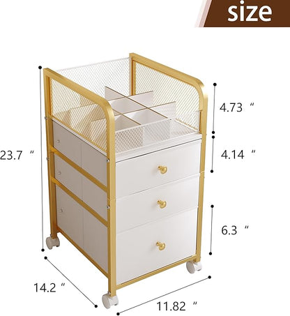 Rolling Makeup Organizer Cart with 3 Drawers, Under Desk Vanity Makeup Storage Cart, Bathroom Storage Cart Cosmetic Display Cases Cabinet for Nail Polish, Brushes & Hair Tools, Gold