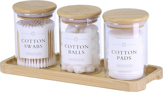 INIUNIK Qtip Holder with Vanity Tray - 3 Pack Glass Apothecary Jars with Lids, Cotton Ball Swab Pad Floss Pick Holder, Bathroom Organizers Jars Containers Canisters Accessories Set