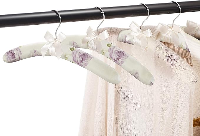 Anti Slip Satin Padded Clothes Hangers for Women Foam Sweater Hangers - Fancy Thick Padded Coat Hanger No Bump Floral Canvas Cover for Adult, Bridesmaid, Wedding Gown Closet (Pack of 10)