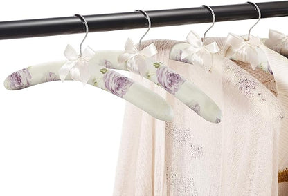 Anti Slip Satin Padded Clothes Hangers for Women Foam Sweater Hangers - Fancy Thick Padded Coat Hanger No Bump Floral Canvas Cover for Adult, Bridesmaid, Wedding Gown Closet (Pack of 10)