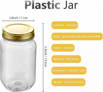 novelinks 16 oz Clear Plastic Jars with Lids, Refillable 16oz Mason Jars with Lids & Storage Containers for Kitchen & Household Use (15 Pack,Gold)