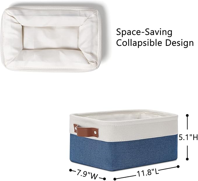 DULLEMELO Small Storage Bin,Small Fabric Rectangular Storage Basket for Shelves,Collapsible Bin for Toy and Clothes Storage (White&Blue,1 Pack)